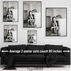 Diane Keaton black and white wall art size comparison chart shown above a sofa