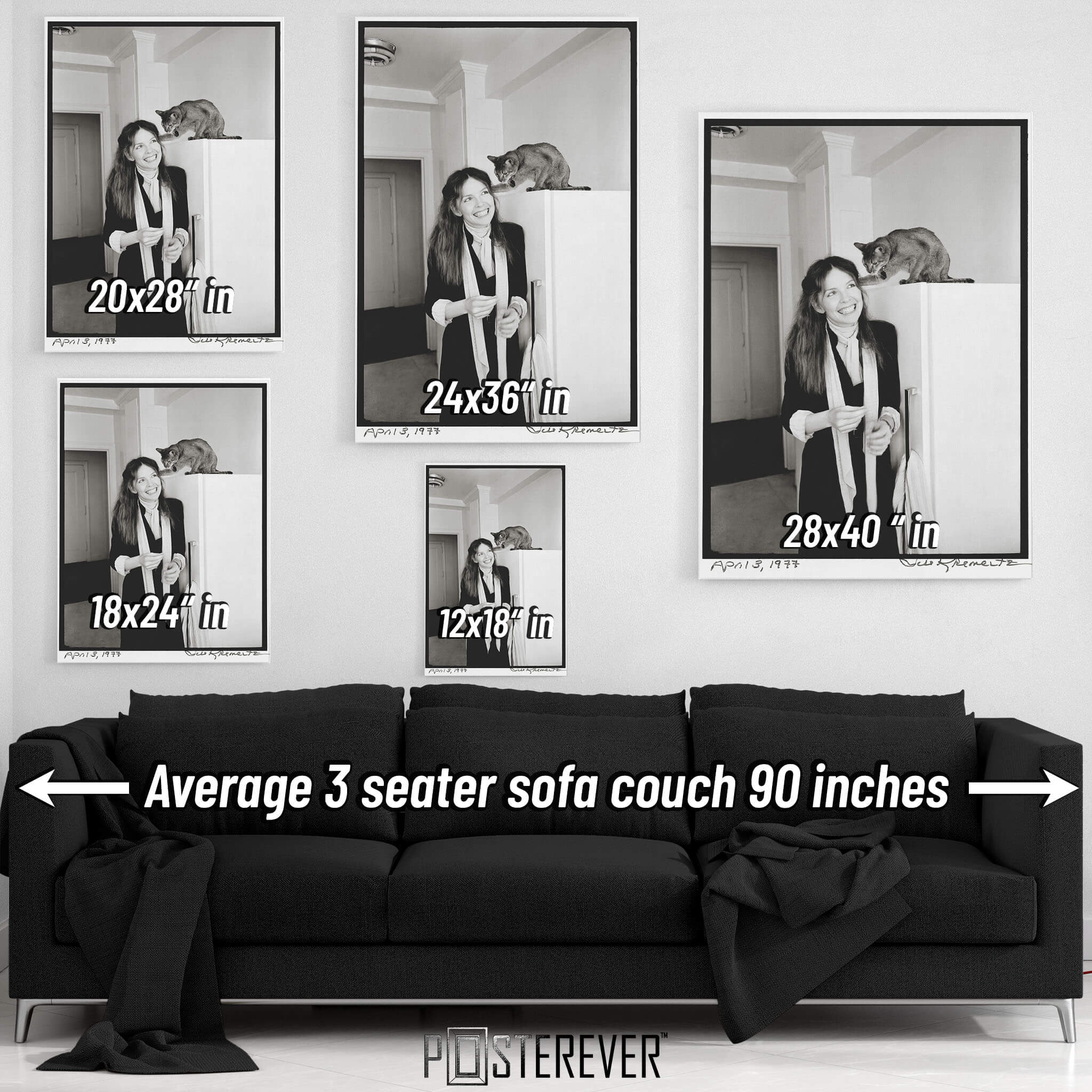 Diane Keaton black and white wall art size comparison chart shown above a sofa