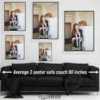 Diane Keaton colour wall art size comparison chart shown above a sofa