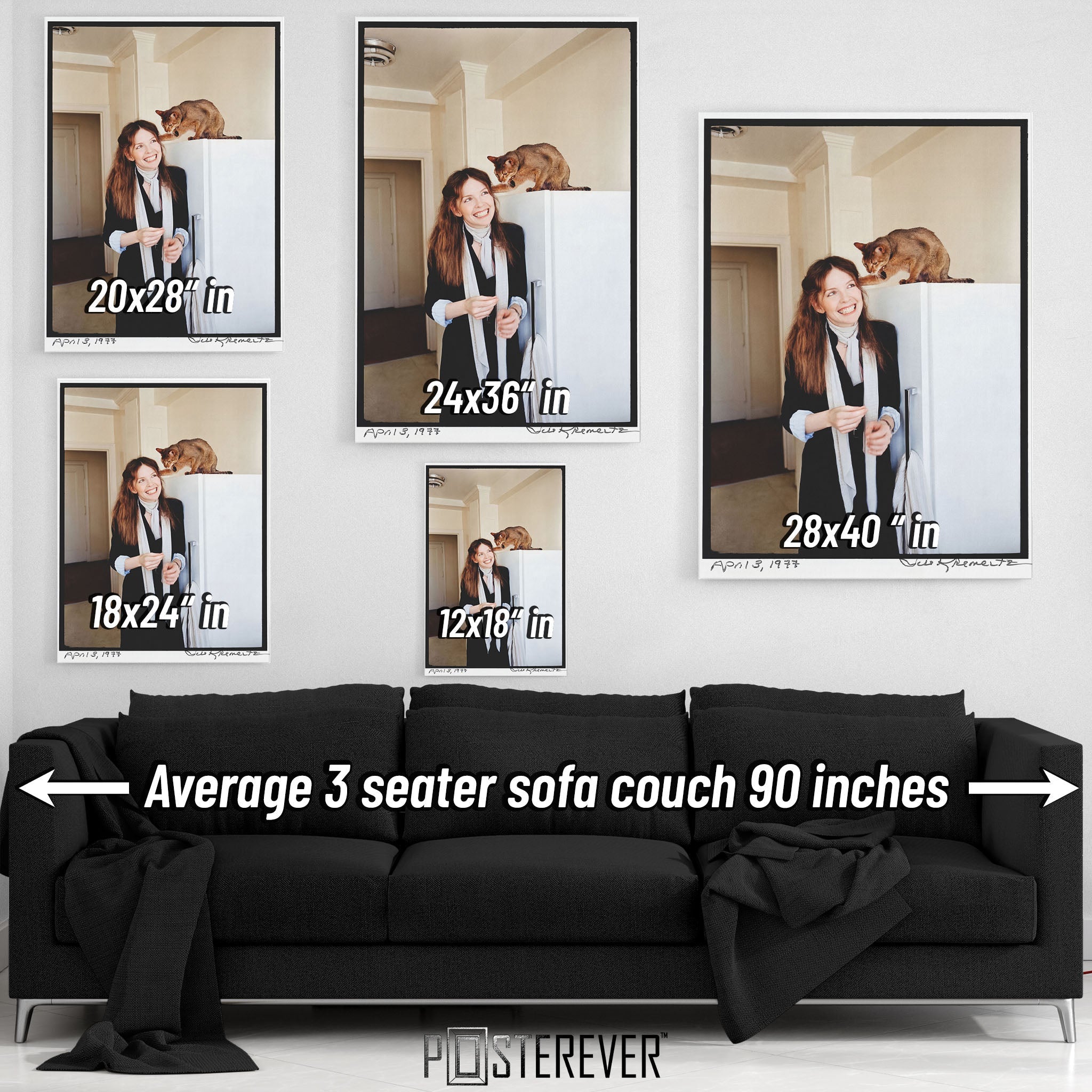 Diane Keaton colour wall art size comparison chart shown above a sofa