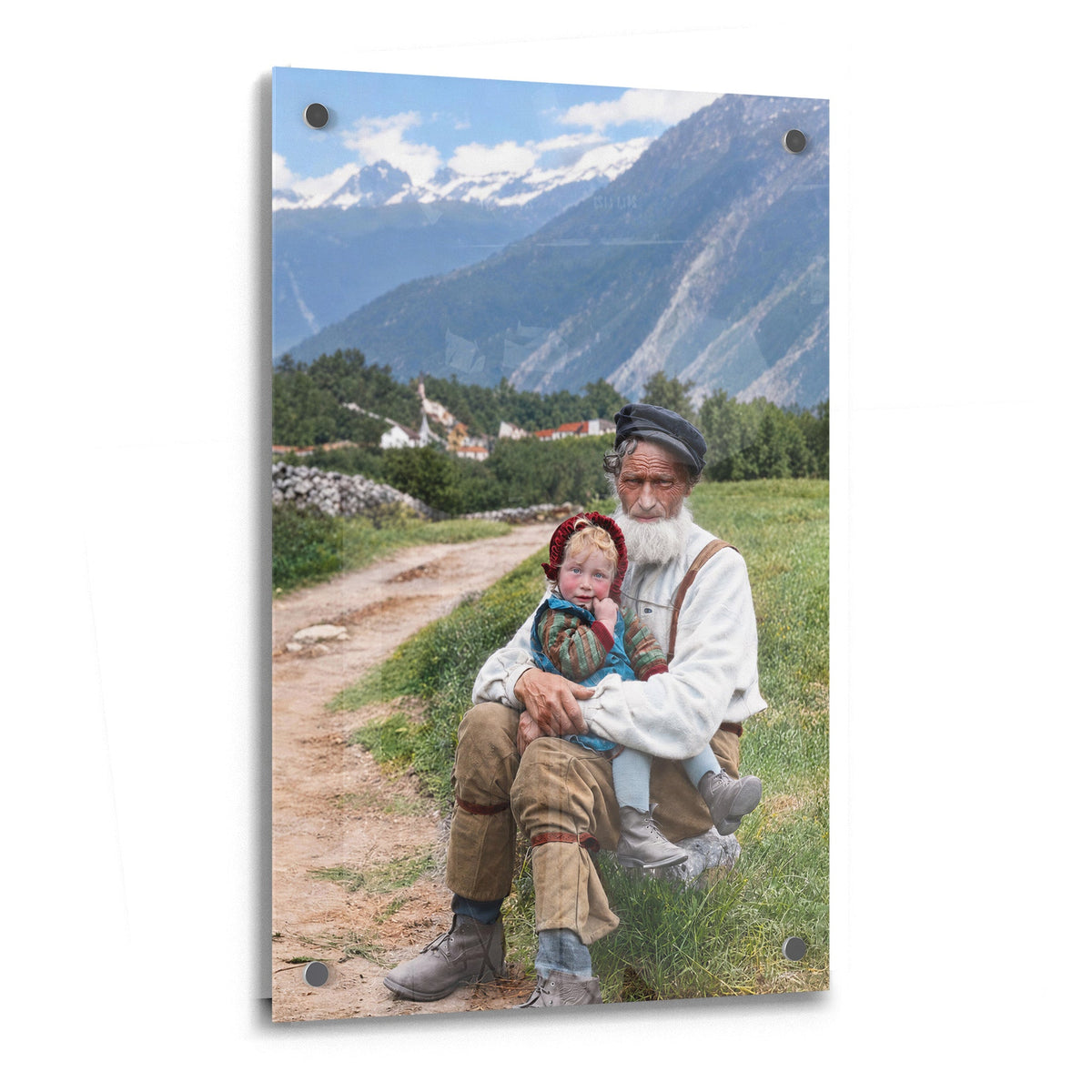 Your own photo printed behind high-gloss acrylic glass with stainless steel standoff mounts.