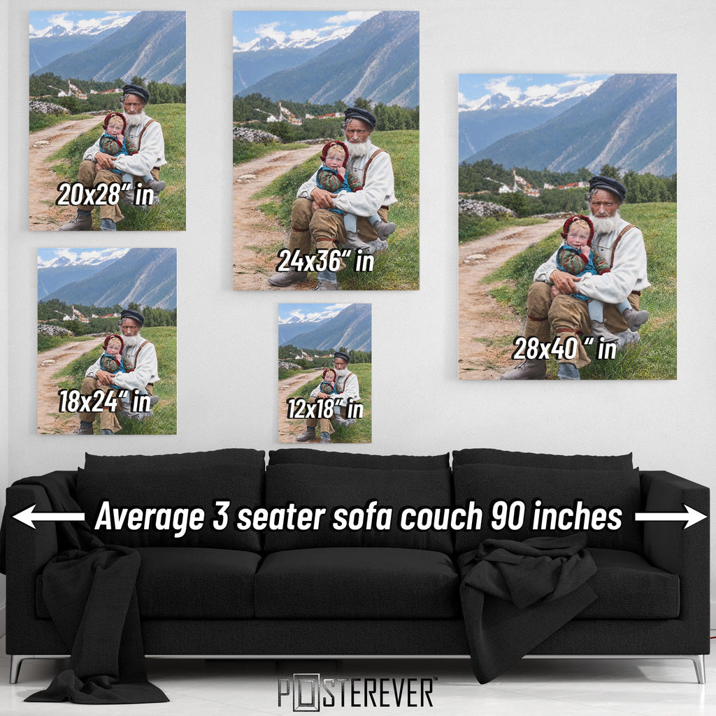 Custom photo wall art size comparison chart shown above an average 90-inch three-seater sofa.