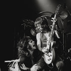 Zoomed detail of Randy Rhoads on stage in black and white, Bradford 1980