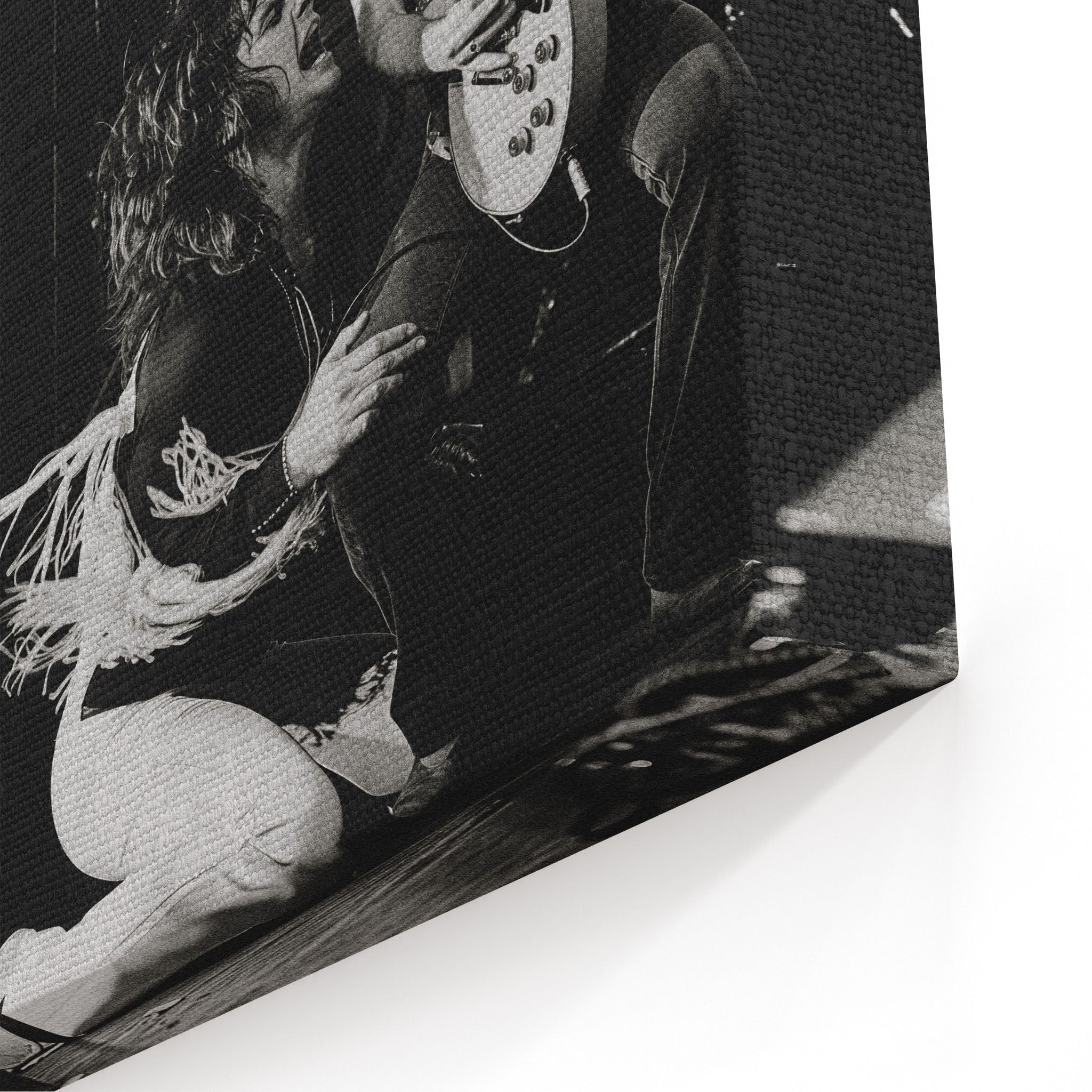 Close-up of the gallery-wrapped canvas edge on the Randy Rhoads black and white print