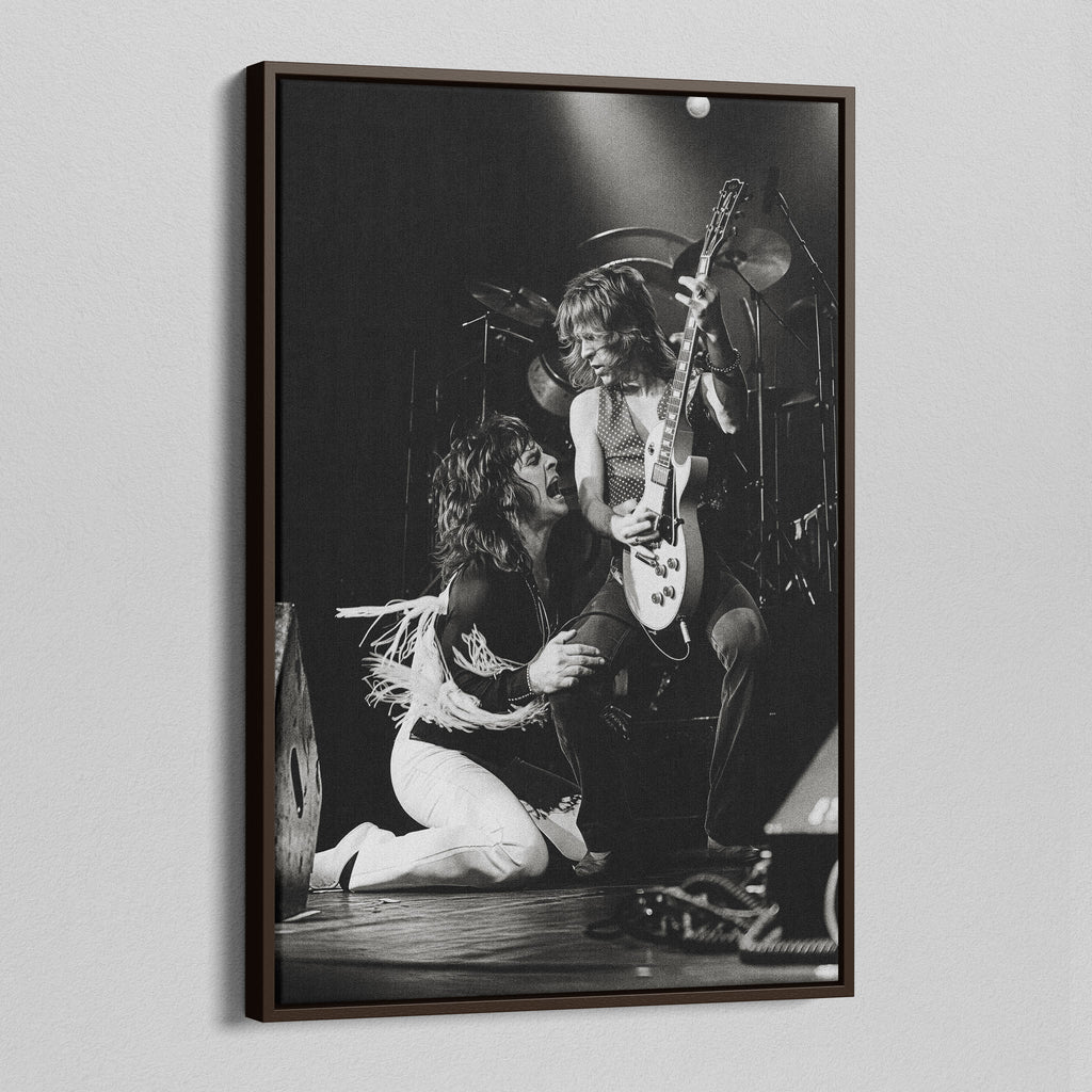 Angled view of the Randy Rhoads black and white canvas in a dark walnut floating frame