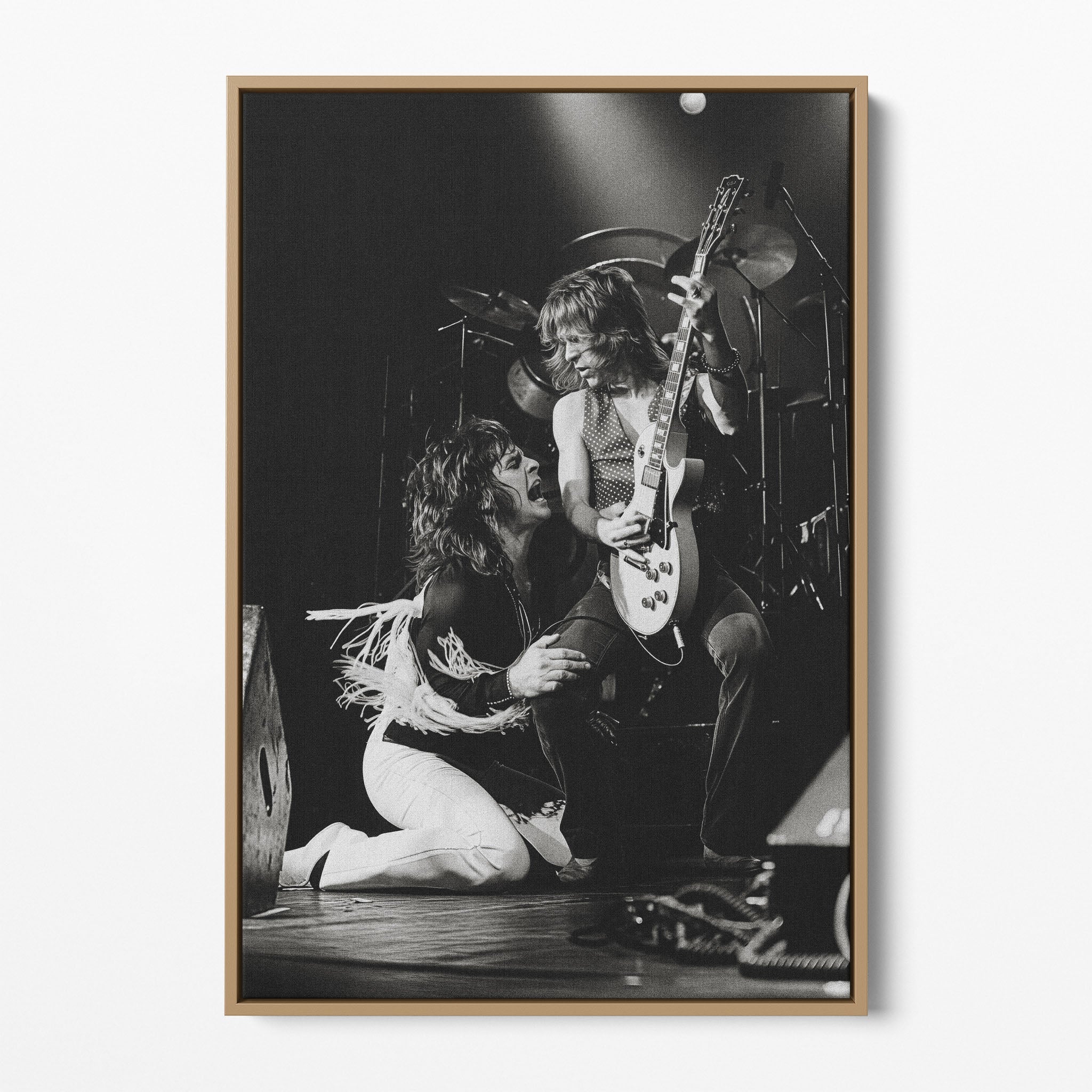 Front display of the Randy Rhoads black and white canvas in a natural oak floating frame