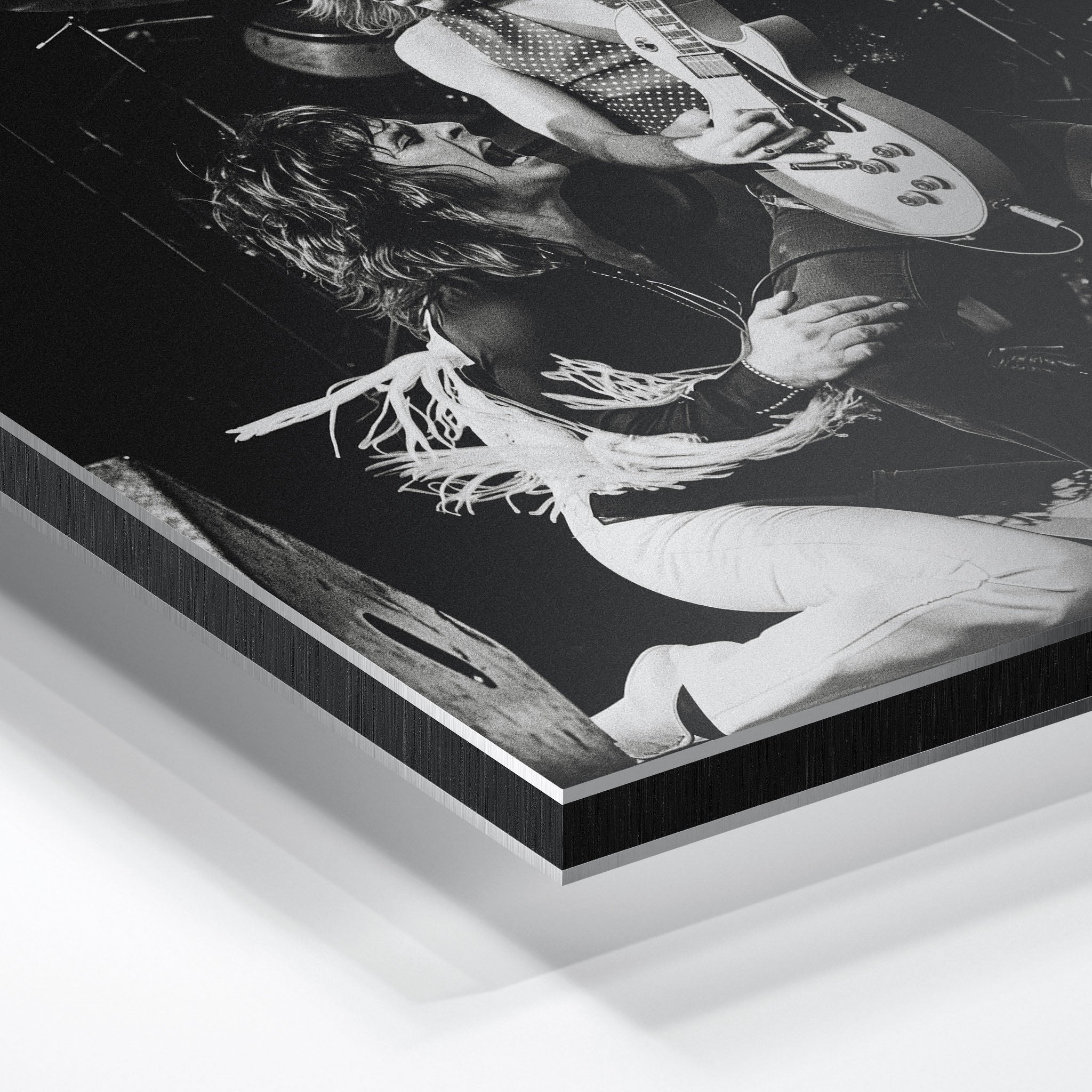 Close-up of the aluminum edge on the Randy Rhoads black and white metal print