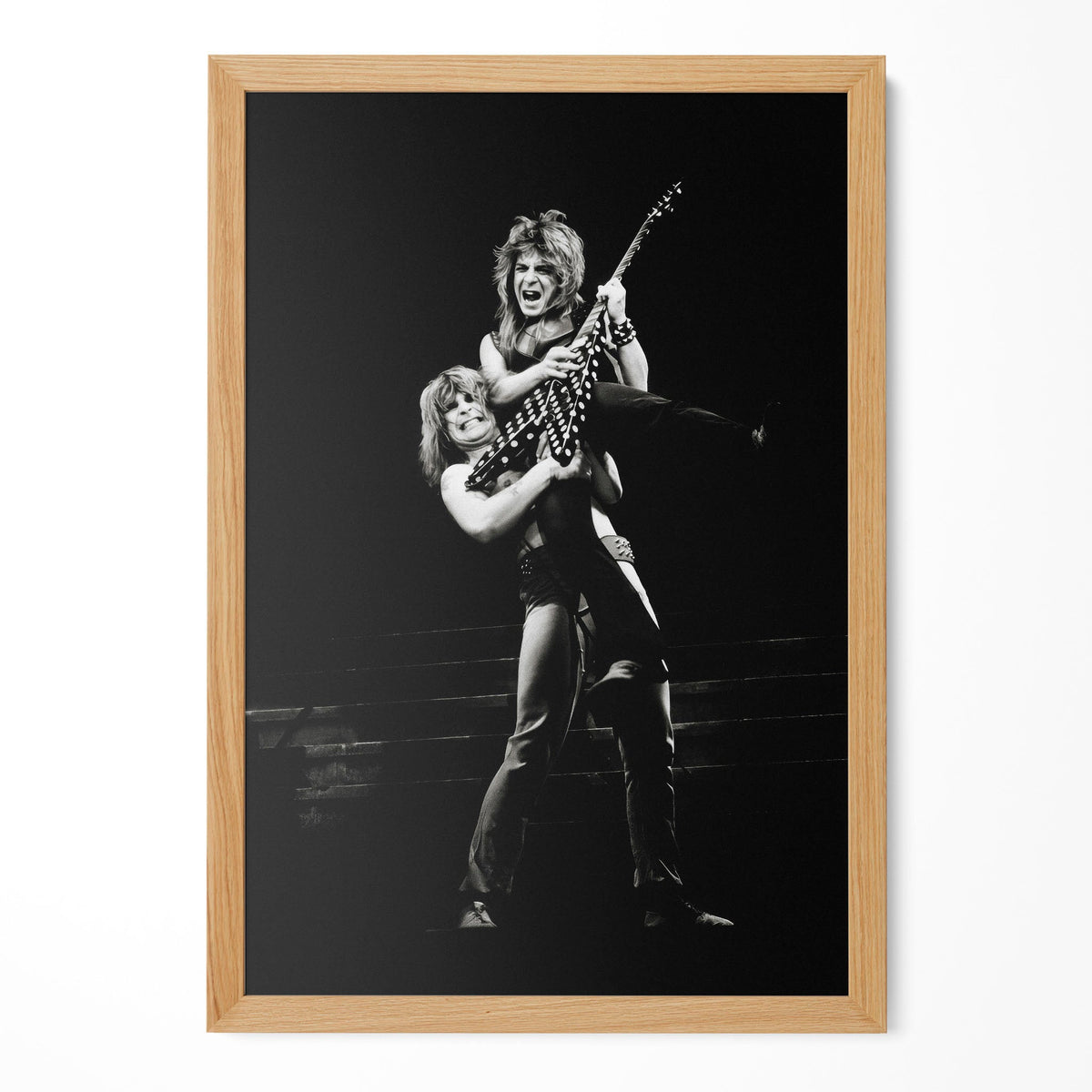 Randy Rhoads black and white portrait in a natural oak poster frame