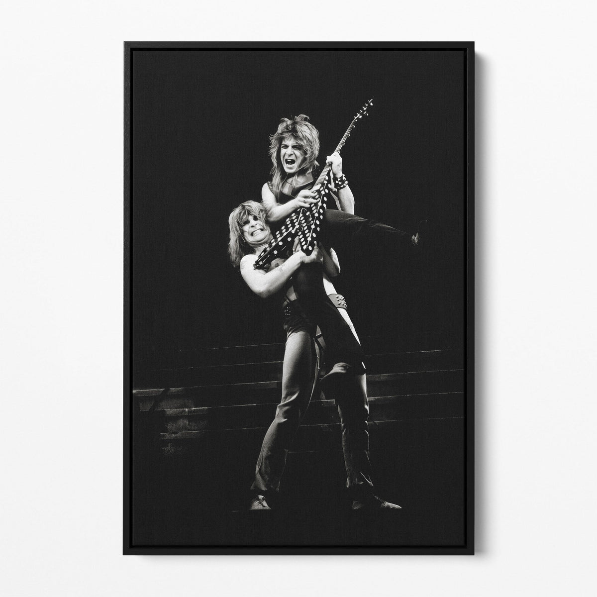 Front display of the Randy Rhoads black and white canvas in a black floating frame