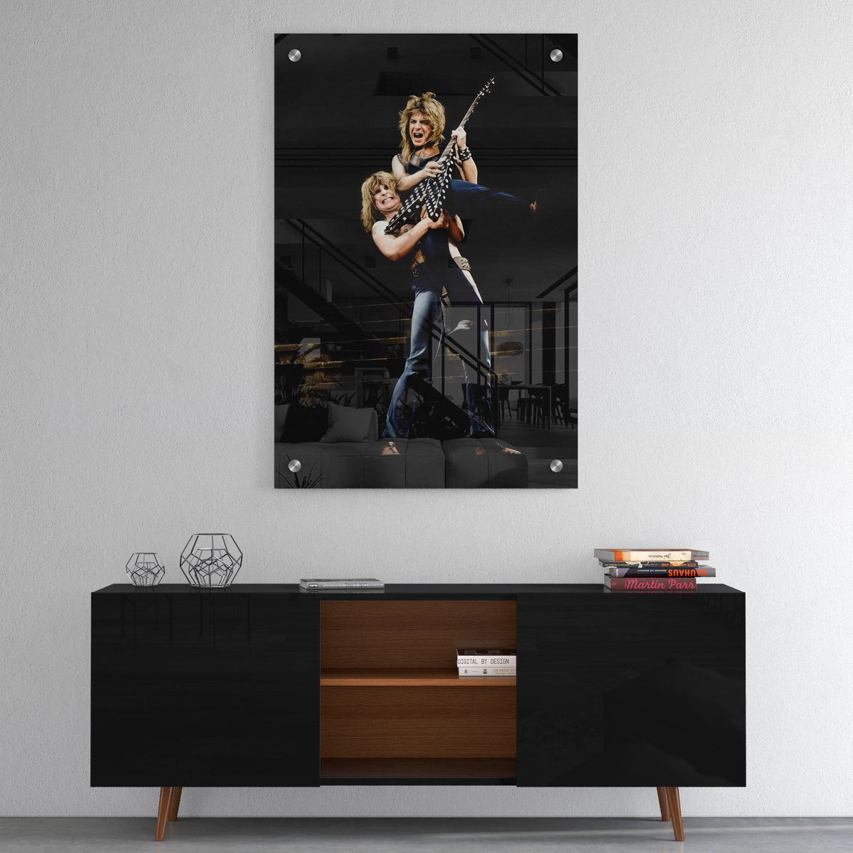 High-gloss acrylic colour print of Randy Rhoads displayed on a wall
